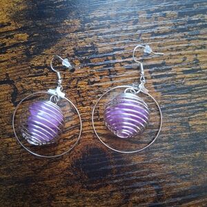 Silver Hoop Earrings with Purple Orb Accent